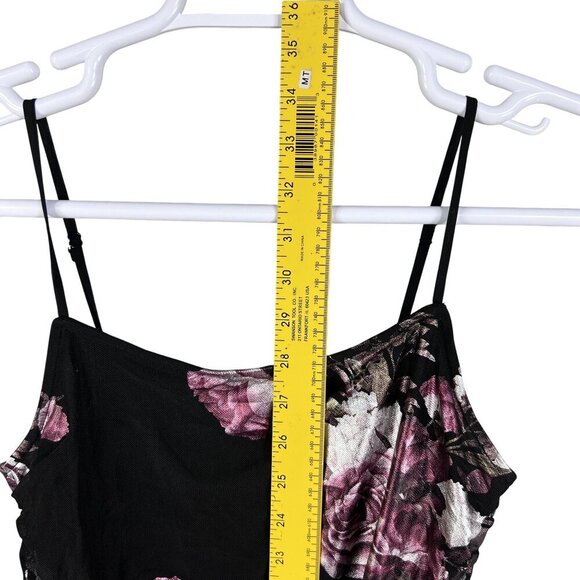 Black Foiled Pink Floral Ruched Mini Dress Bodycon Coquette Whimsigoth Womens S - Picture 11 of 16